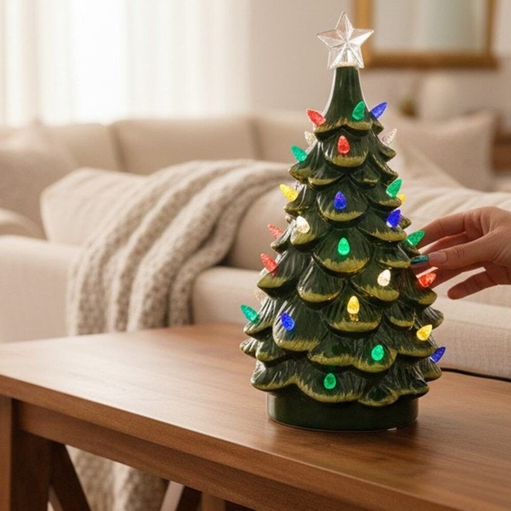 14" Ceramic Tabletop Christmas Tree Battery operataed, Multicolor bulb, Music